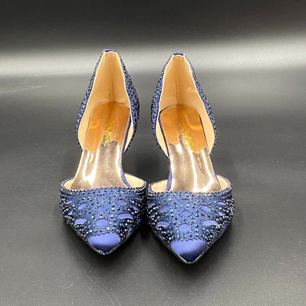 XYD blue rhinestone pointy toe kitten low heels slip on pumps dress shoes NIB